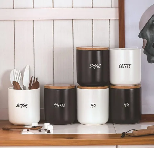 Vista 3 de Sello de almacenamiento de alimentos de cerámica de color puro Pot Spice Jar Sugar Bowl con tapa de bambú-café-negro