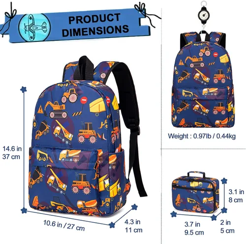 Vista 8 de Mochila escolar para niños con lonchera para niños, jardín de infantes, mochila escolar para preescolar y jardín de infantes, Tractor Azul Marino