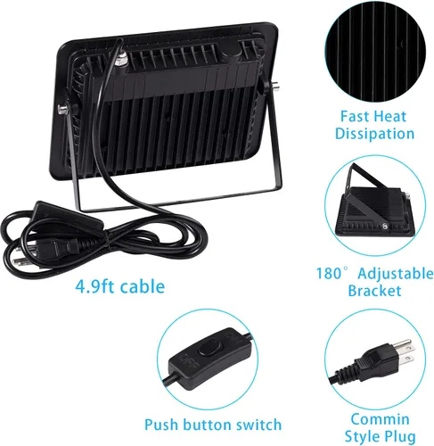 Vista 4 de Luz negra LED de 395 nm de 10 W con enchufe e interruptor estándar de EE. UU., cable de alimentación de 4.9 pies, luz negra impermeable IP66 se