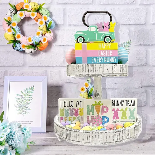 Vista 4 de Sarybei Decoración de bandeja escalonada de conejo de Pascua, 3 libros de imitación de doble cara, 3 letreros de madera de conejito 1 camión peeps