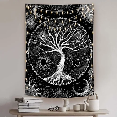 Vista 13 de Lunerfex Tapiz de árbol de la vida, tapiz de pared de fase lunar, tapices verdes para dormitorio, techo, tapices para colgar en la pared