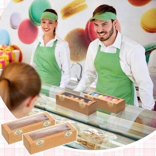 Vista 7 de Sherr 100 Cajas Marrones para Macarons con Ventana, Cajas para Galletas con 200 Pegatinas, Contenedores Largos de Regalos para Panadería y Postres