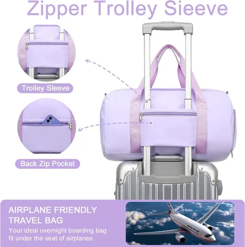 Vista 5 de Bolsa de viaje deportiva para gimnasio para hombres y mujeres con compartimento para zapatos, bolsillo húmedo, Púrpura (pure purple), Bolsa de lona