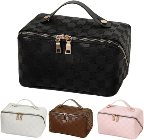 Vista 28 de Bolsas de maquillaje a cuadros de gran capacidad, bolsas de cosméticos portátiles de viaje, bolsa de aseo abierta y plana para mujeres y niñas