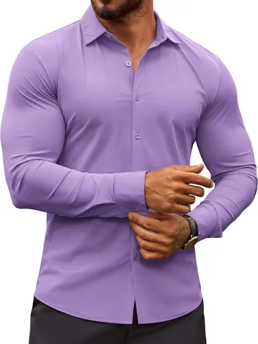 Vista 25 de COOFANDY Camisas de vestir ajustadas para hombre, sin arrugas, manga larga, casuales, con botones Beige