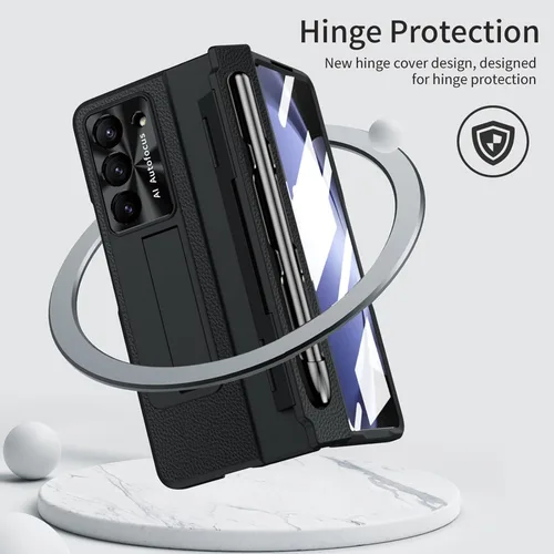 Vista 3 de Funda para Samsung Galaxy Z Fold 5 con soporte para bolígrafo S y soporte para bolígrafo pegable, diseño de una pieza, protección de bisagra