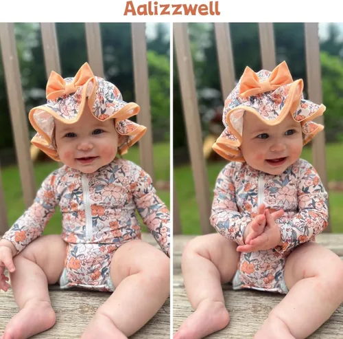 Vista 17 de Aalizzwell Traje de baño de una pieza de manga larga con sombrero para bebé niña