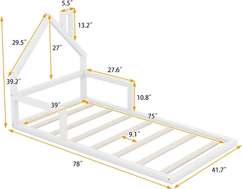 Vista 2 de P PURLOVE Base de cama de tamaño individual con cabecera en forma de casa, plataforma de madera para casa, tamaño individual con soporte de listones