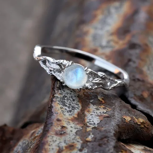 Vista 3 de Angol Anillo de plata de ley auténtica con piedra lunar arcoíris para mujer, anillo de pulgar minimalista con caja