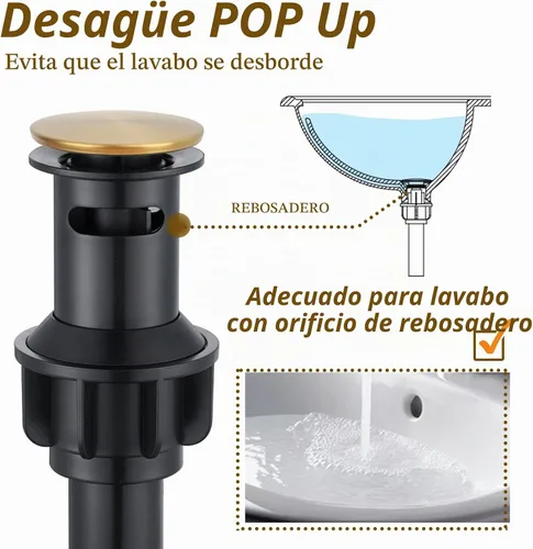 Vista 5 de Grifo romano para lavabo de baño dorado cepillado de un solo agujero, montaje en cubierta, conjunto de drenaje desplegable con placa de cubierta
