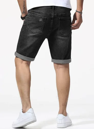 Vista 2 de JMIERR Pantalones cortos de mezclilla para hombre, estilo casual, elásticos, ajustados, lavados, desgastados, enrollados, rasgados, para hombre