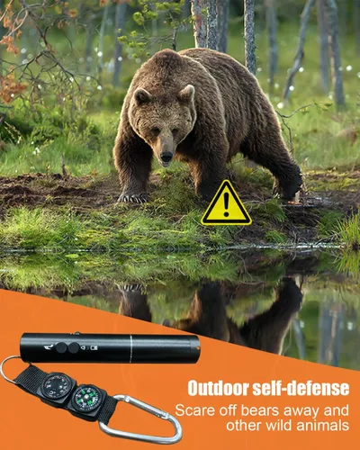 Vista 5 de Bocina de aire electrónica de 120dB con luz, brújula y termómetro - Bocina para osos para asustar a los osos - Autodefensa para senderismo, carga USB