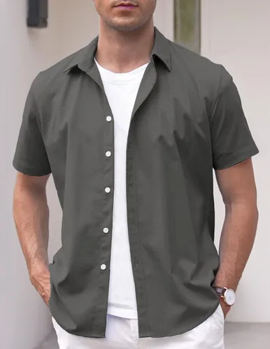 Vista 2 de COOFANDY Camisas casuales de lino de manga corta con botones para hombre
