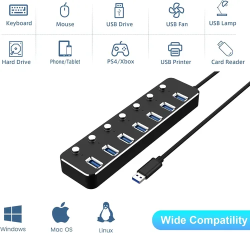 Vista 3 de Hub USB 3.0 Hub USB de 7 puertos con cable de 2 pies de largo Hub USB de aluminio para portátil y PC con interruptor de encendido/apagado individual