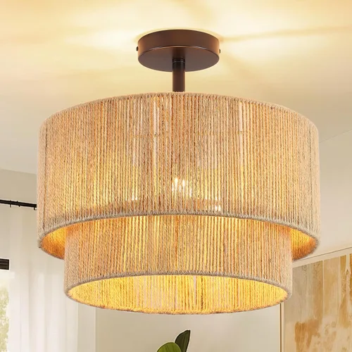 Vista 11 de 12.6" Boho Light Fixtures Ceiling Mount, Coastal Hemp Rope Semi Flush Mount Ceiling Light,3-Light Rustic Rattan Ceiling Light With 2-Tier Drum Shade