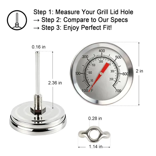 Vista 2 de CloudHand Reemplazo mejorado de 2 pulgadas para parrilla de huevos, termómetro de barbacoa de 100 a 700 °F, ahumador de parrilla de carbón con dial