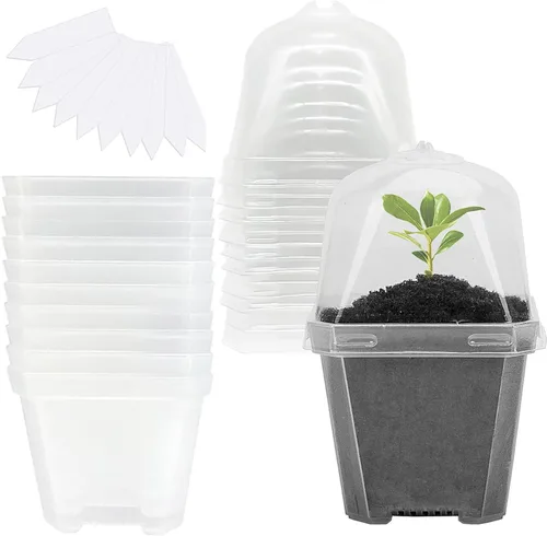 Vista 11 de EBaokuup 10 macetas transparentes para vivero de plantas con cúpula de humedad, maceta de plástico reutilizable de 3 pulgadas con etiquetas