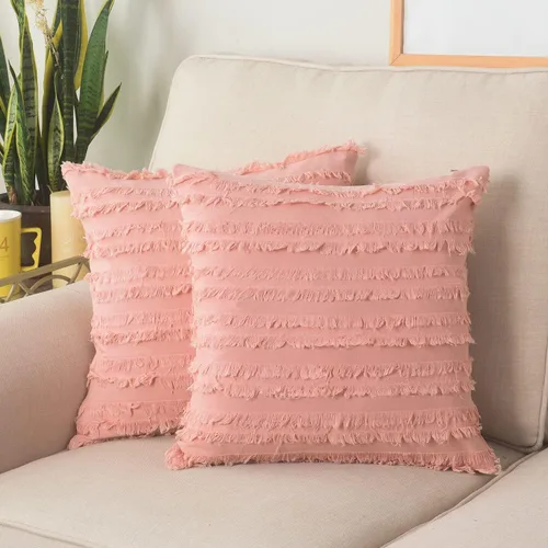 Vista 18 de GYROHOME Paquete de 2 fundas de almohada de algodón y lino, fundas de cojín decorativas, diseño de borlas, fundas de cojín modernas con flecos Beige