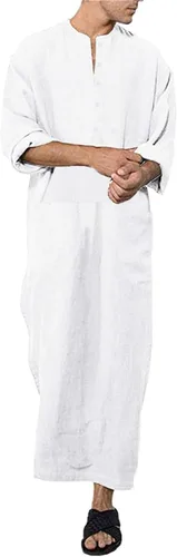 Vista 2 de Jacansi Caftán de manga larga para hombre, 65% algodón, 35% lino, con botones, longitud al tobillo, con abertura lateral y bolsillo Blanco