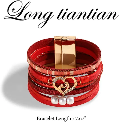 Vista 7 de Long tiantian Pulseras para mujer, pulseras de corazón de moda, bohemias, de cuero, apilables, regalos