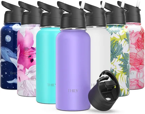 Vista 9 de THILY - Botella de agua deportiva aislada al vacío – Botella de agua de acero inoxidable de 32 onzas a prueba de fugas de boca ancha con tapa Mar