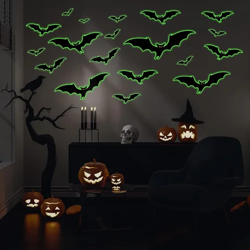 Vista 3 de 3 hojas de calcomanías luminosas de murciélago de Halloween que brillan en la oscuridad, calcomanías luminosas de murciélagos de Halloween