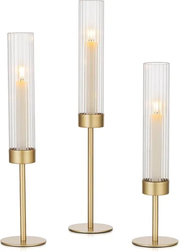 Vista 9 de Hewory Portavelas cónicos negros: juego de portavelas de 3 piezas de vidrio huracán alto para candelabros, portavelas para decoración de mesa