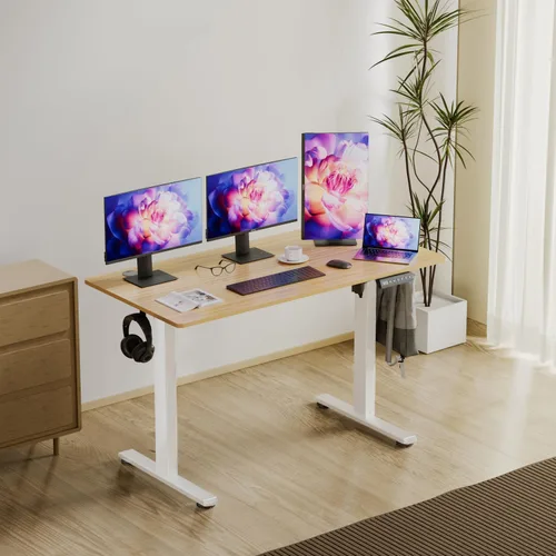 Vista 2 de Escritorio eléctrico de altura ajustable, escritorio de pie sentado de 48 x 24 pulgadas, escritorio ergonómico para computadora con 2 ganchos