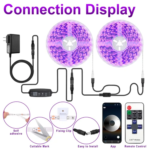 Vista 7 de Tira de luz LED negra de 100 pies con control remoto, adhesivo de luz negra de neón morado inteligente para fiesta brillante, luz UV para decoración