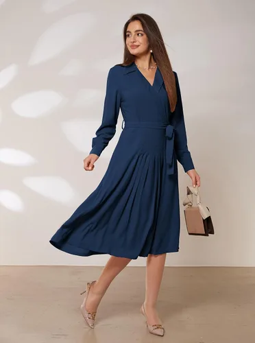 Vista 2 de GRACE KARIN Vestidos de trabajo de manga larga con cuello en V para mujer, vestidos de trabajo de manga larga con cuello en V para negocios, midi