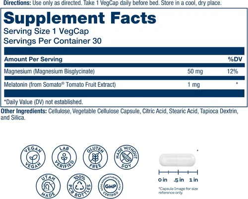 Vista 2 de SOLARAY SleepMag - Ayuda para dormir de glicinato de magnesio y melatonina de 1 mg - Relajación y apoyo para dormir reparador - Melatonina