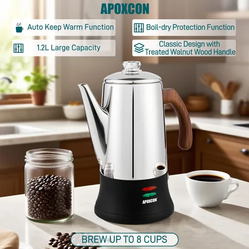 Vista 4 de APOXCON Cafetera eléctrica de acero inoxidable con dos perillas de vidrio resistentes al calor y mango de madera tratada con función de mantener