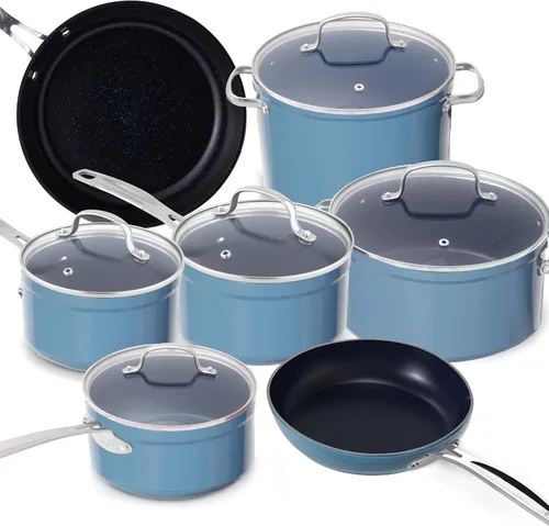 Vista 21 de Nuwave - Juego de 12 utensilios de cocina forjados y ligeros, revestimiento ultra antiadherente de cerámica Duralon G10 saludable, tapas de vidrio