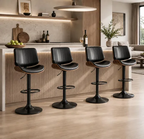 Vista 8 de Juego de 1 taburetes de bar giratorios de madera curvada ajustables para encimera de cocina, moderna silla de bar tapizada de piel sintética