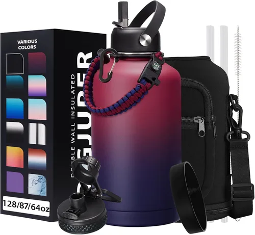 Vista 59 de Botella de agua aislada de 1 galón, con popote y tapa de pico automático, mango de paracord, funda para botella, botella de agua de acero inoxidable