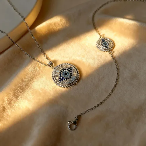 Vista 4 de Evil Eye Jewelry Set for women, Evil Eye Pendant Necklace for Women Greek Protection Jewelry with Blue Sapphire and Black Cz Amulet Gift