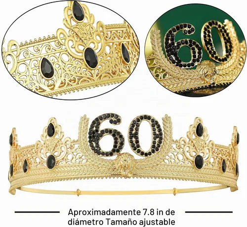 Vista 4 de Corona de rey de cumpleaños número 60 y banda de rey de cumpleaños, regalos de cumpleaños 60 para hombres, decoración de fiesta de cumpleaños