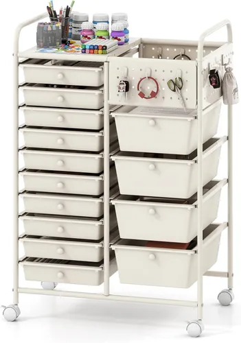 Vista 14 de Giantex Carrito de almacenamiento rodante con 10 cajones, carrito utilitario con tablero, organizador de cajones con ruedas para manualidades, arte