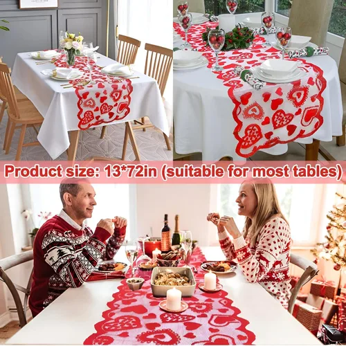 Vista 4 de JOYFISCO Camino de mesa para decoración del día de San Valentín, camino de mesa de encaje con corazón rojo para bodas, decoraciones de San Valentín