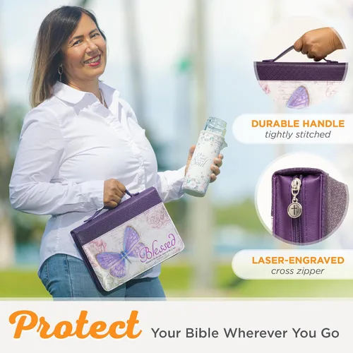 Vista 5 de Funda para Biblia con texto en inglés "Blessed", Jeremiah 17:7, con mariposa, color morado