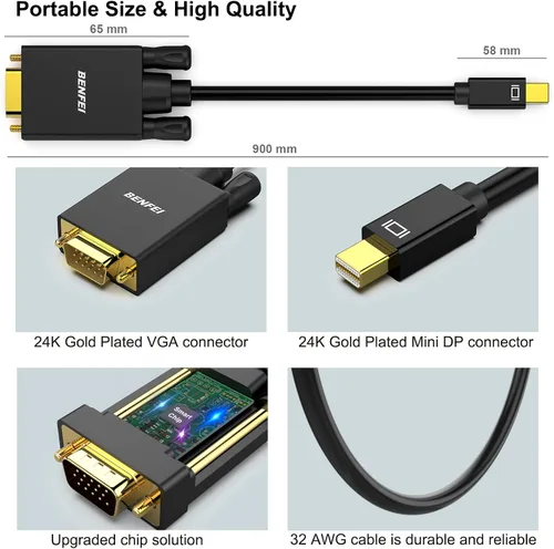 Vista 6 de BENFEI Cable Mini DisplayPort a VGA de 3 pies, cable Mini DisplayPort a VGA (compatible con Thunderbolt 2) con MacBook Air/Pro, Surface Pro/Dock