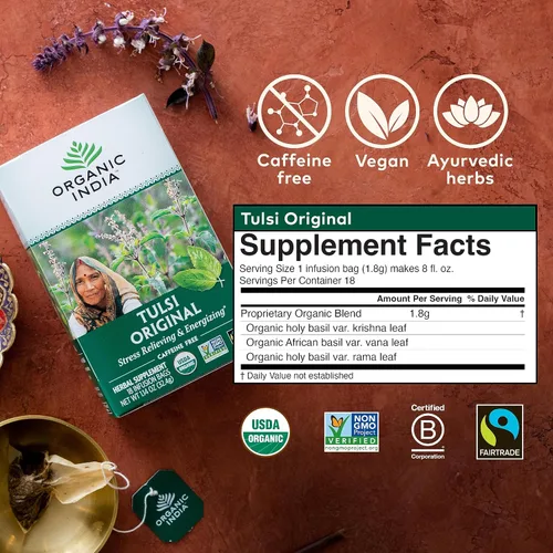 Vista 2 de ORGANIC INDIA Tulsi Té de Hierbas Original - Té de Albahaca Sagrada y Albahaca Africana Calmante y de Alivio del Estrés, Apoyo Inmunológico