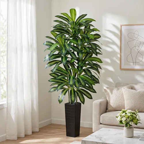 Vista 12 de Árbol de Dracaena artificial rojo de 6 pies, plantas falsas altas Hoja blanco-roja