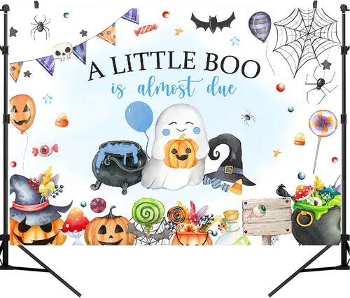 Vista 5 de Blue A Little Boo - Telón de fondo para baby shower para niños, Halloween, calabaza, baby shower, fantasma, Halloween, baby shower, decoraciones