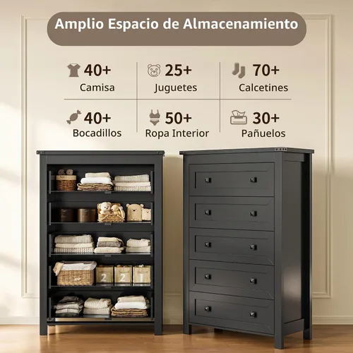 Vista 4 de Xixini - Cómoda para dormitorio con 5 cajones, cómoda alta de madera, organizador moderno de ropa estilo granja, gabinete de almacenamiento con asas