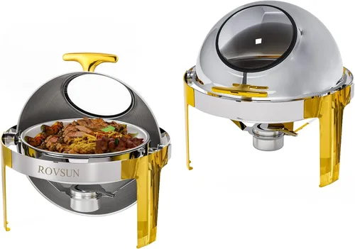 Vista 12 de ROVSUN Juego de bufé de platos de roce con tapa enrollable, 6 cuartos de galón de acero inoxidable redondo para catering, servidores de buffet