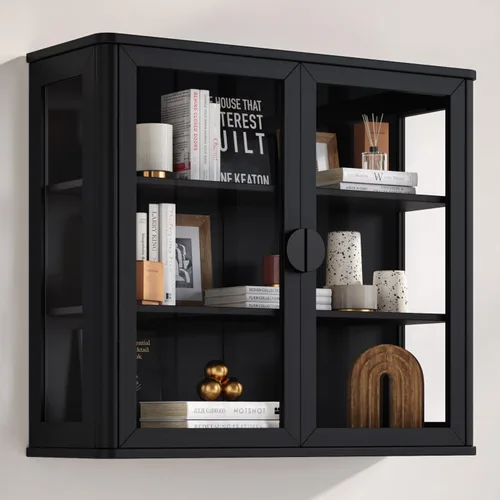 Vista 7 de NEWOWNDS Gabinete de Almacenamiento de Pared con Vitrina de Vidrio Templado Negro, Gabinete de Pared para Baño, Gabinete Montado en la Pared