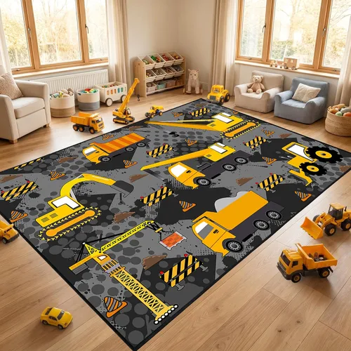 Vista 26 de Alfombra de construcción – Alfombras de construcción para habitación de niños, divertido diseño de camión de dibujos animados, alfombra de coche