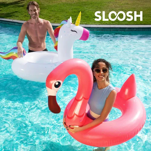 Vista 3 de SLOOSH Paquete de 2 flotadores inflables de flamenco de unicornio para piscina, decoraciones de fiesta de natación, divertidos flotadores, tubos