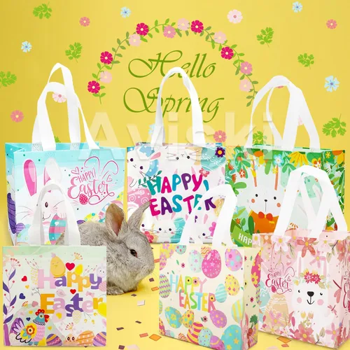 Vista 5 de Aviski 12 bolsas de caza de huevos de Pascua de varios tamaños, bolsa de regalo de huevos de gallina de zanahoria con asas, bolsas de regalo
